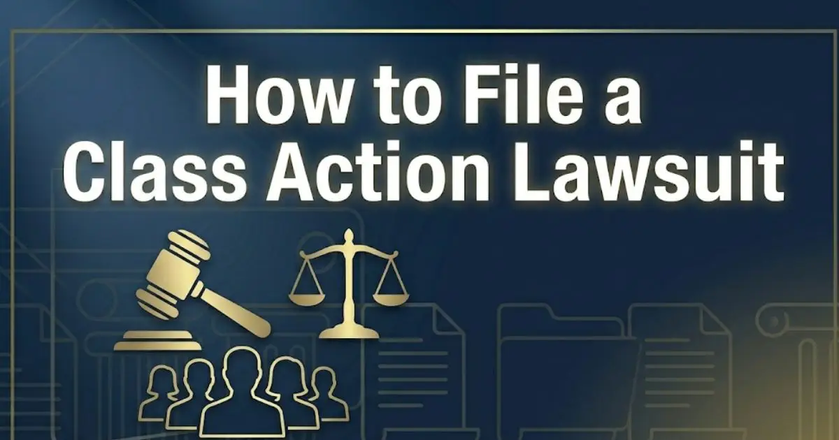 How to file a class action lawsuit guide banner with gavel and scales of justice icons