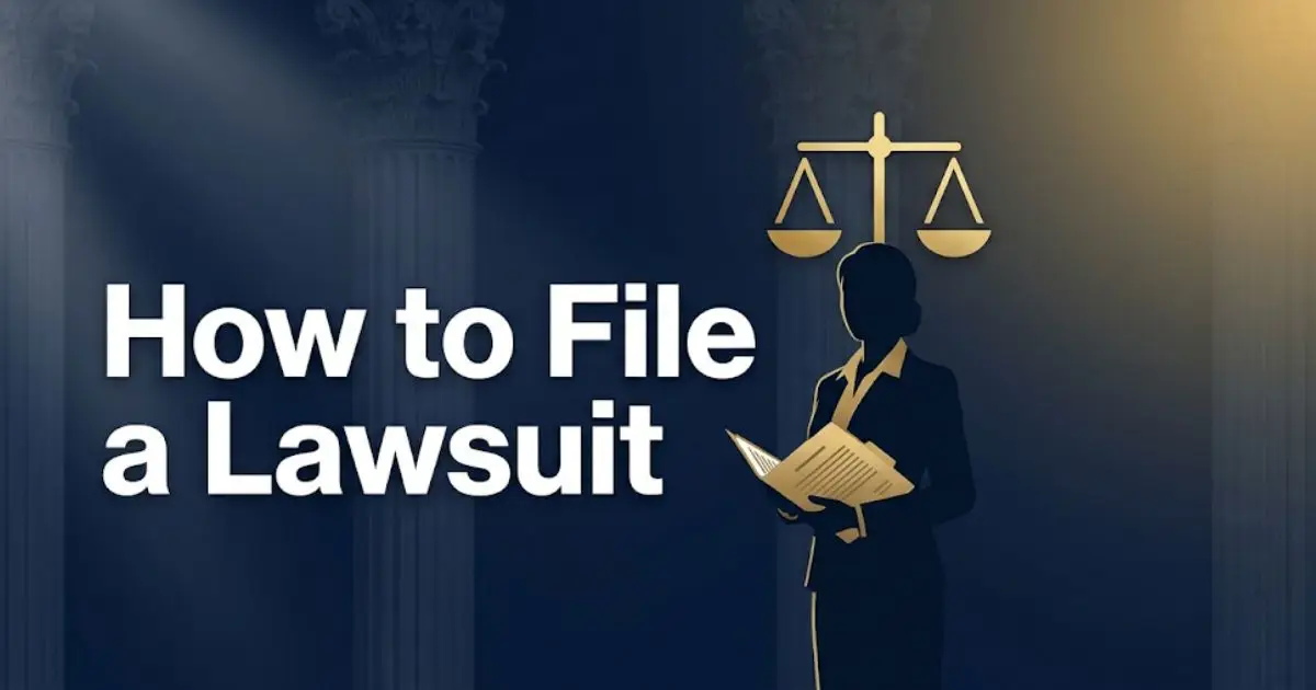 How to file a lawsuit guide banner with courthouse silhouette and legal scales on navy background