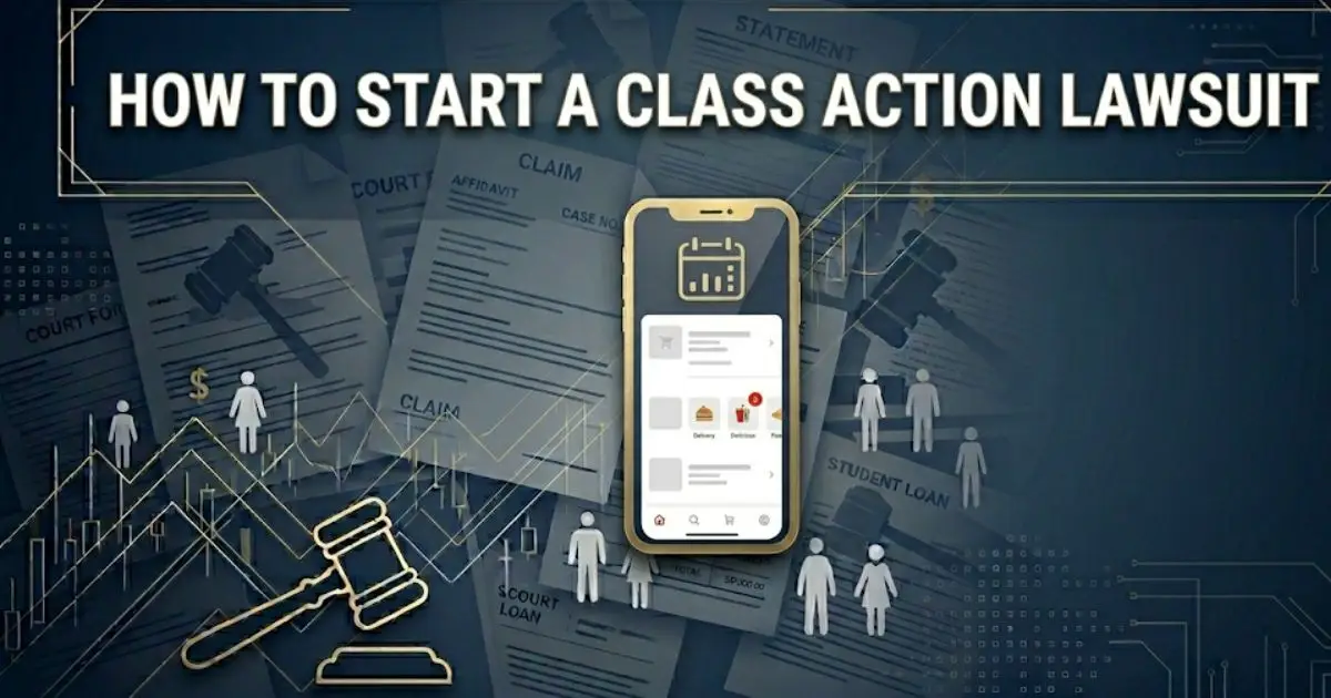 How to start a class action lawsuit guide with legal scales and courthouse imagery