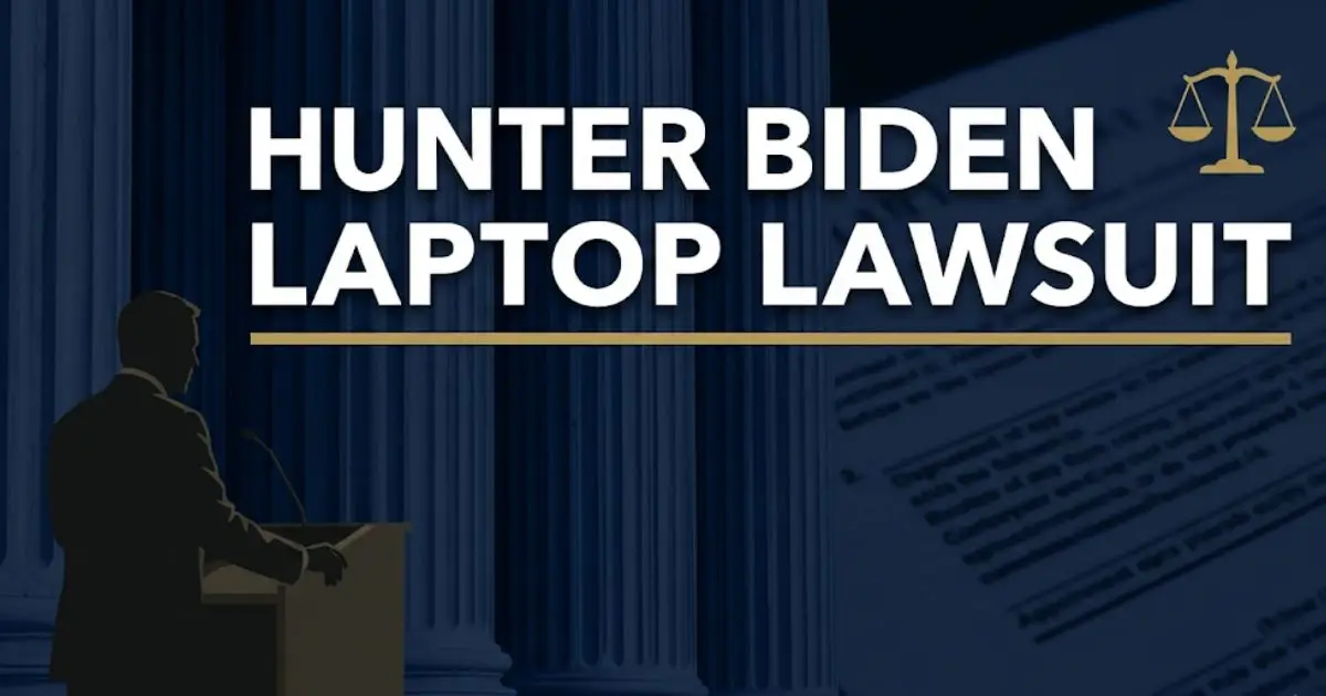 Hunter Biden laptop lawsuit overview banner with courthouse background, scales of justice, and legal case headline text