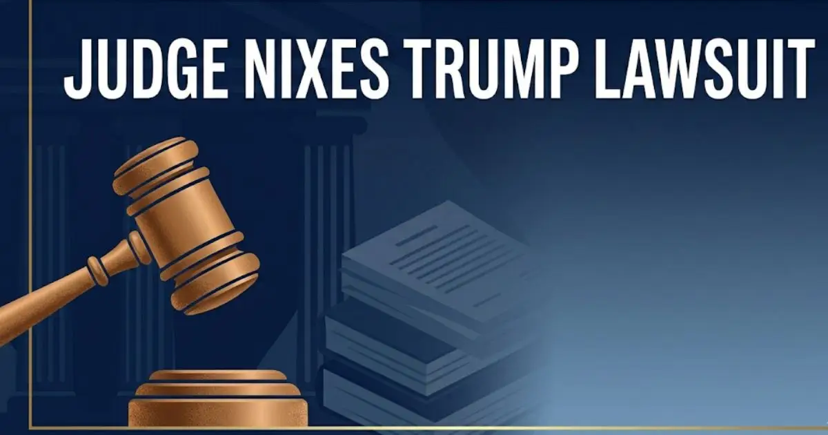 Judge nixes Trump lawsuit headline graphic with gavel icon and legal themed navy blue background