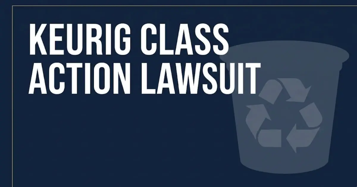 Keurig class action lawsuit banner with coffee pod and recycling symbol on navy background