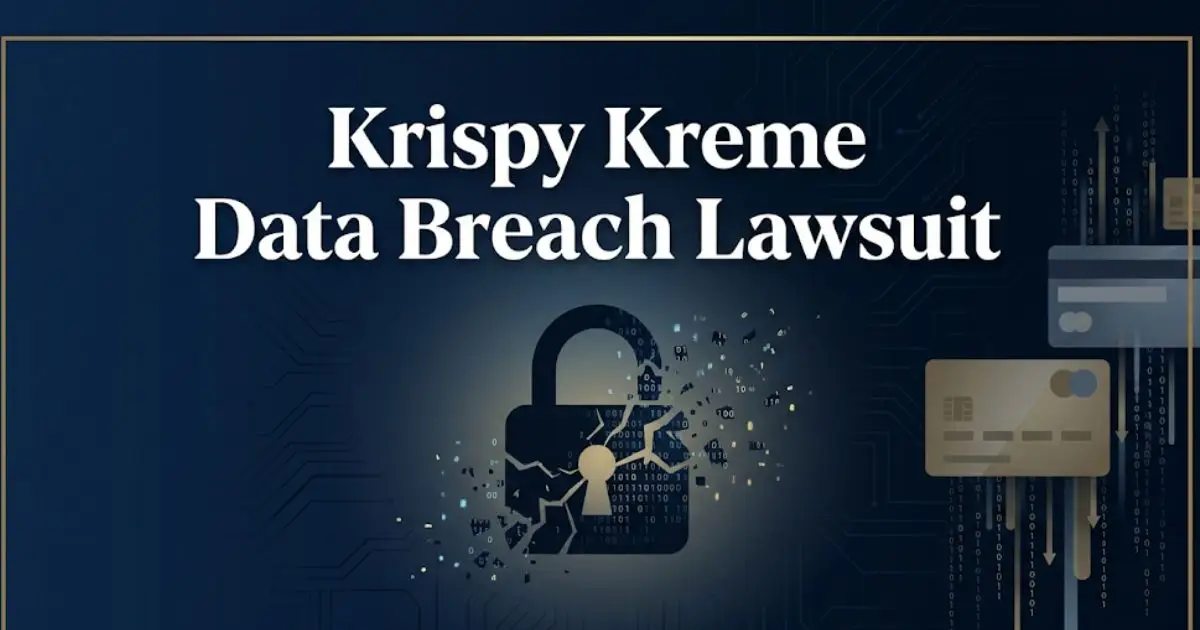 Krispy Kreme data breach lawsuit banner with broken padlock and data breach legal imagery