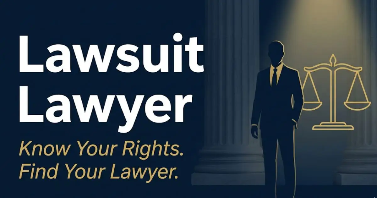 Lawsuit lawyer hero banner showing legal scales and silhouette with bold title text on navy background
