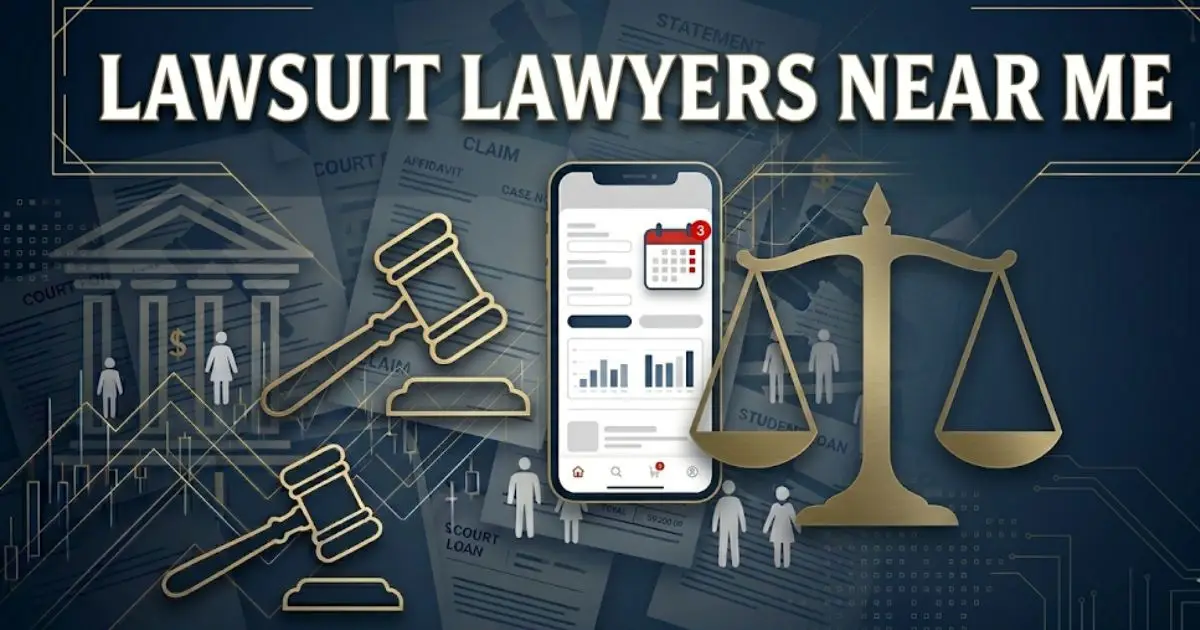 Lawsuit lawyers near me legal banner with scales of justice and courthouse design elements