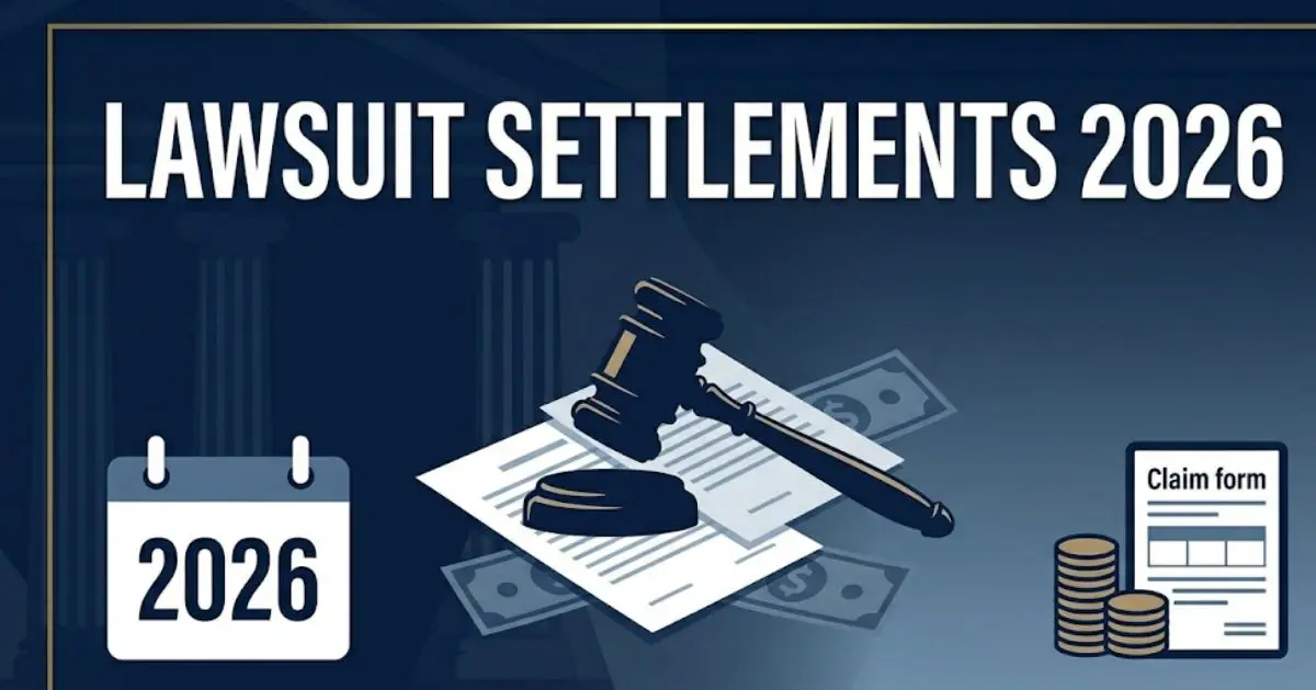 Lawsuit settlements 2026 guide banner with gavel, legal documents, and payment icons on navy background INPUT MAIN KEYWORD {{lawsuit settlements}} CLUSTER KEYWORDS {{paste cluster keywords,