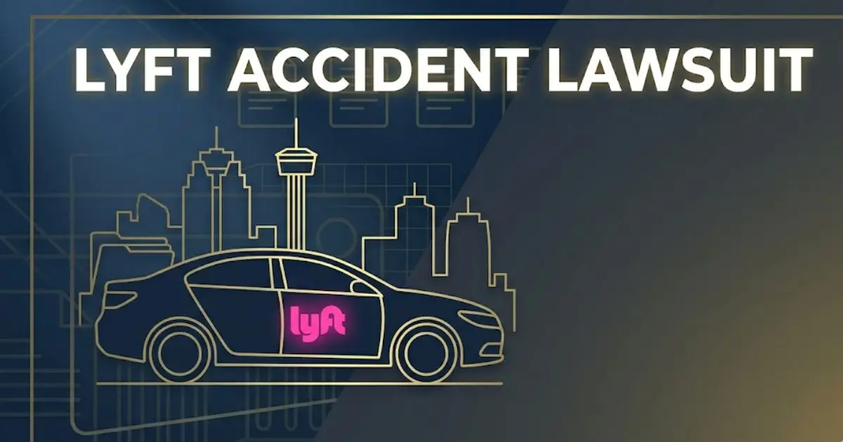 Lyft accident lawsuit guide with rideshare vehicle silhouette and legal symbols on navy background