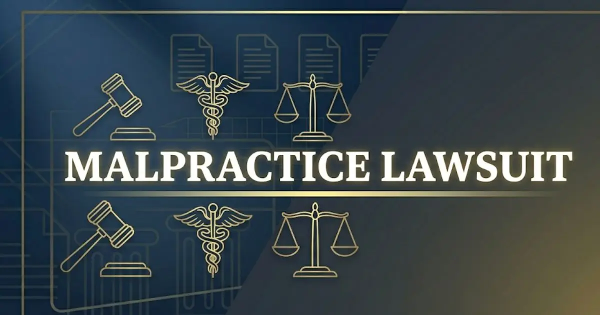 Malpractice lawsuit guide banner with legal scales and gavel icons on navy background