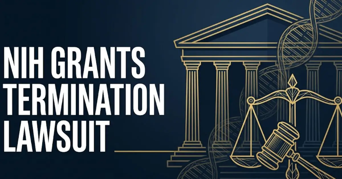 NIH grants termination lawsuit banner with federal courthouse silhouette and scales of justice on navy background