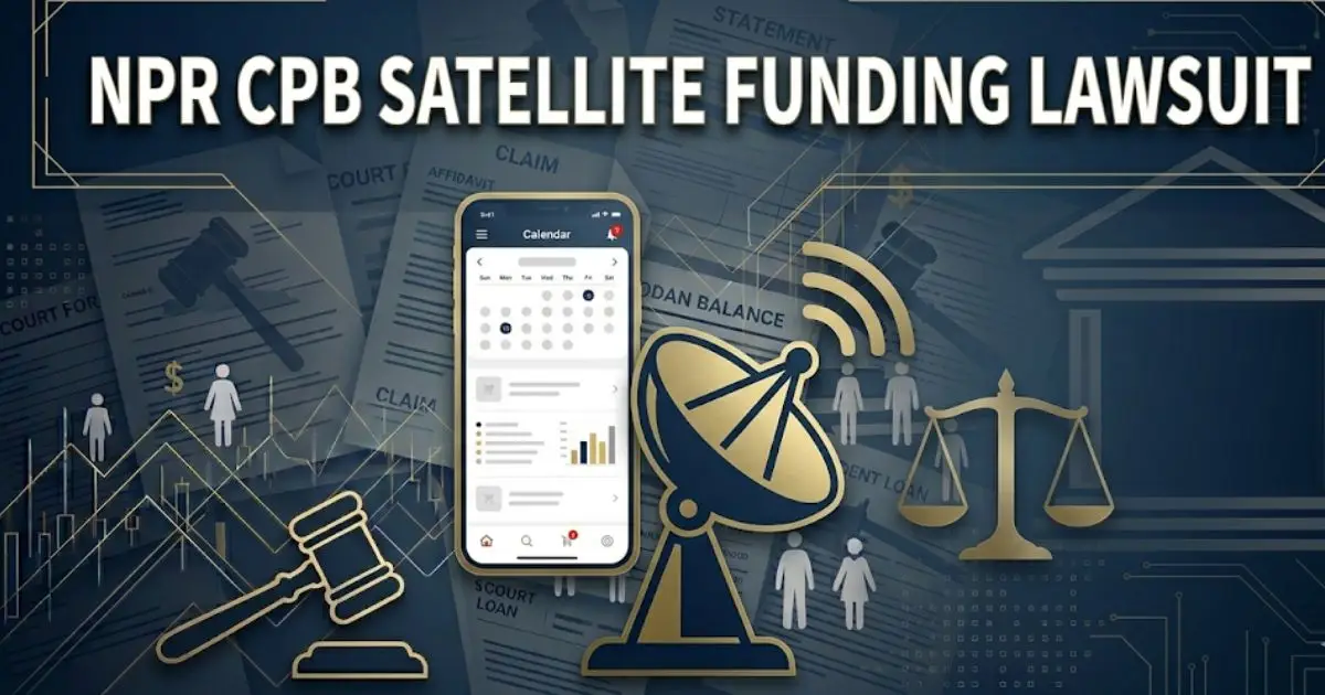 NPR CPB satellite funding lawsuit banner with satellite dish and legal symbols on navy background