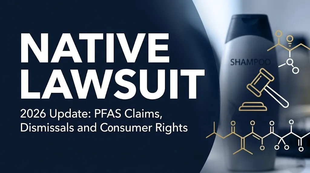 Native lawsuit 2026 hero banner showing deodorant and shampoo silhouettes with bold native lawsuit headline text on navy background