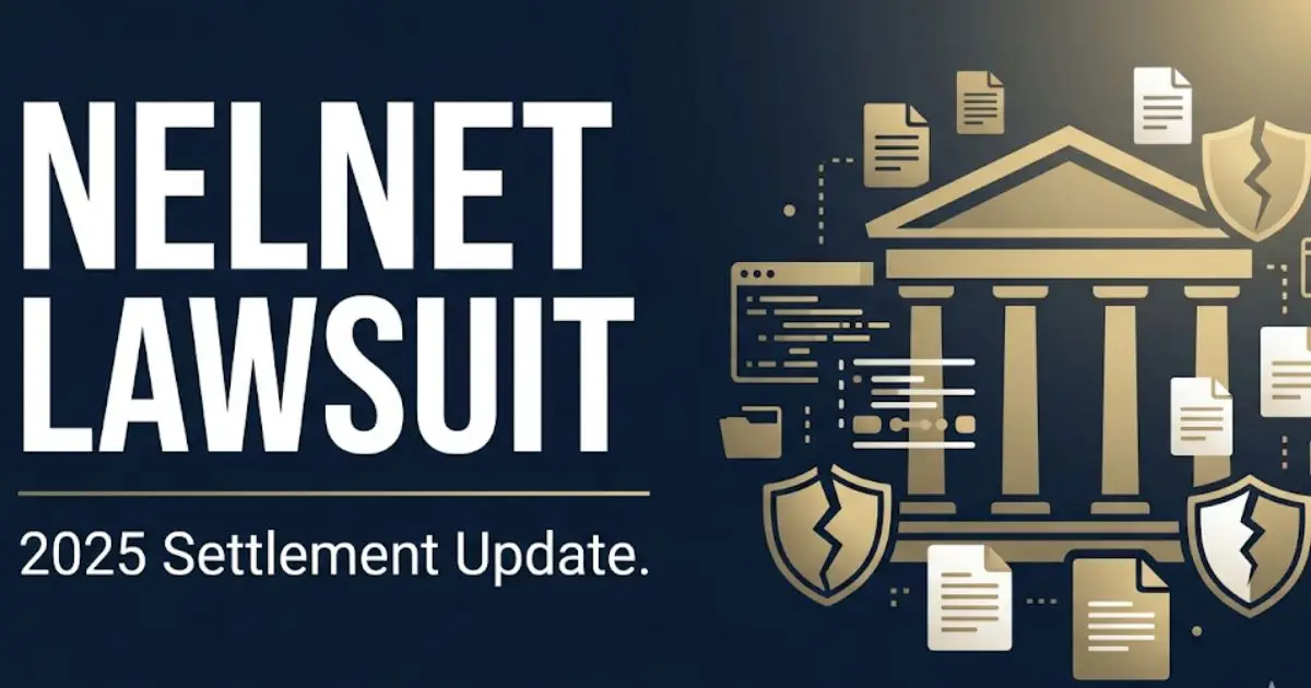 Nelnet lawsuit 2025 settlement update banner with courthouse silhouette and data breach graphics on navy background