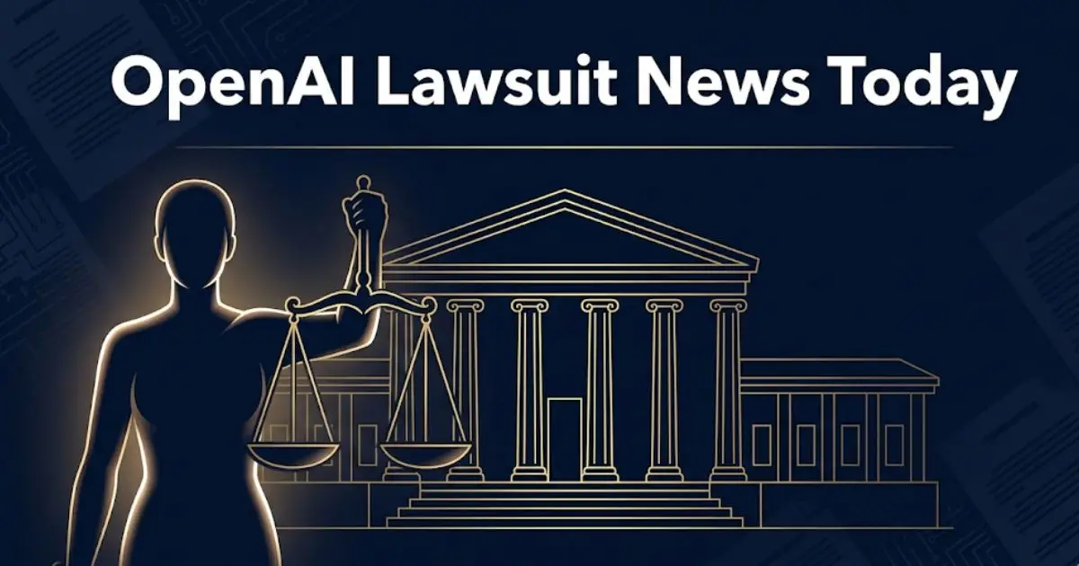 OpenAI lawsuit news today editorial banner showing courthouse silhouette and legal scales on navy background