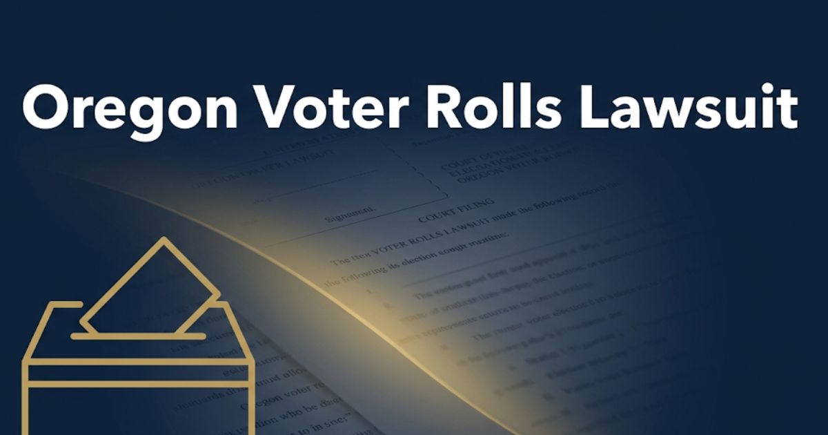 Oregon voter rolls lawsuit legal banner showing bold title text with ballot and court document icons on navy background