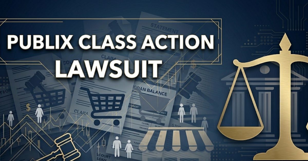 Publix class action lawsuit banner with courthouse scales and retail imagery on navy background