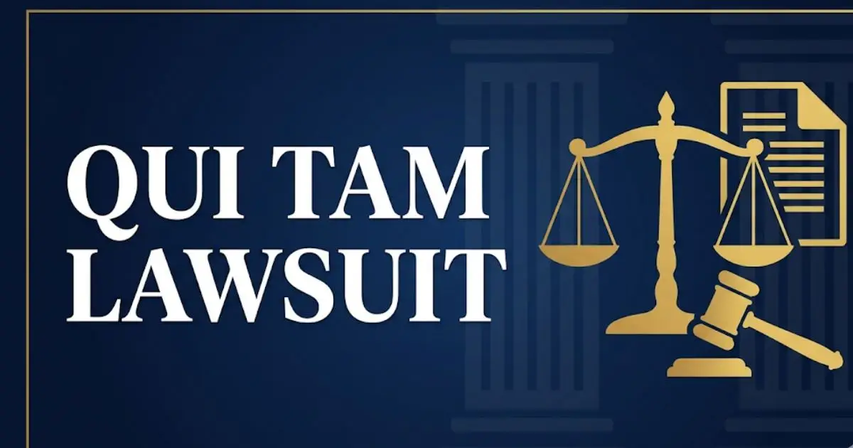 Qui tam lawsuit guide banner with legal scales and gavel icons on navy backgroundQui tam lawsuit guide banner with legal scales and gavel icons on navy background