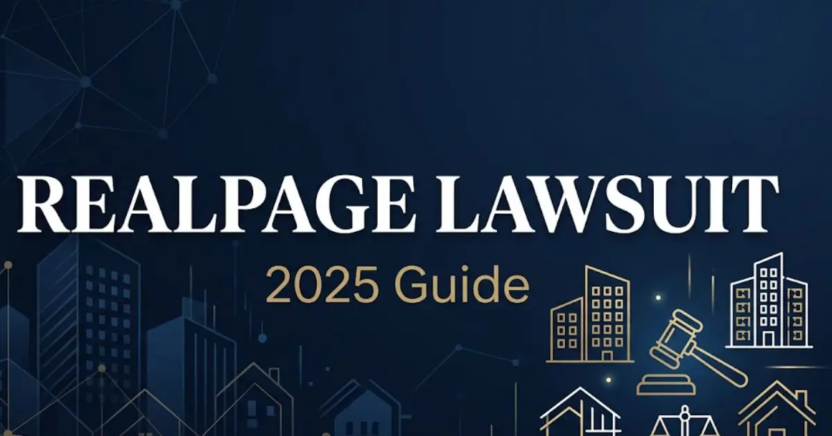 RealPage lawsuit 2025 legal guide banner with apartment buildings and gavel icons on navy background INPUT MAIN KEYWORD {{realpage lawsuit}} CLUSTER KEYWORDS {{realpage lawsuit news realpag