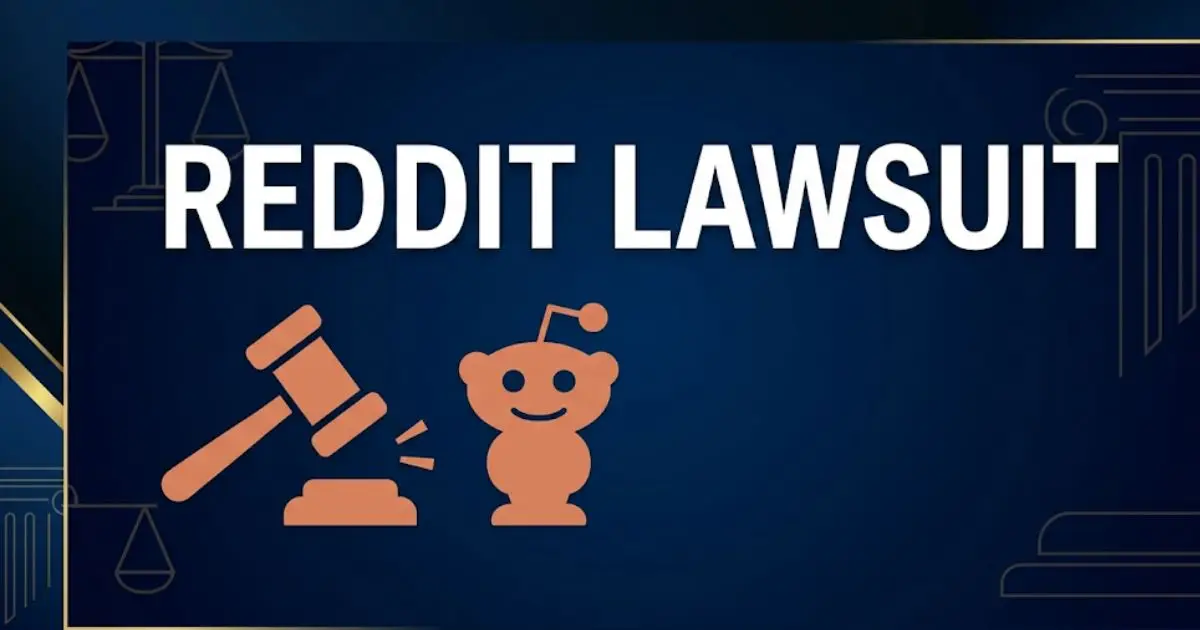 Reddit Lawsuit 2025 banner with gavel icon and Reddit logo silhouette on navy background
