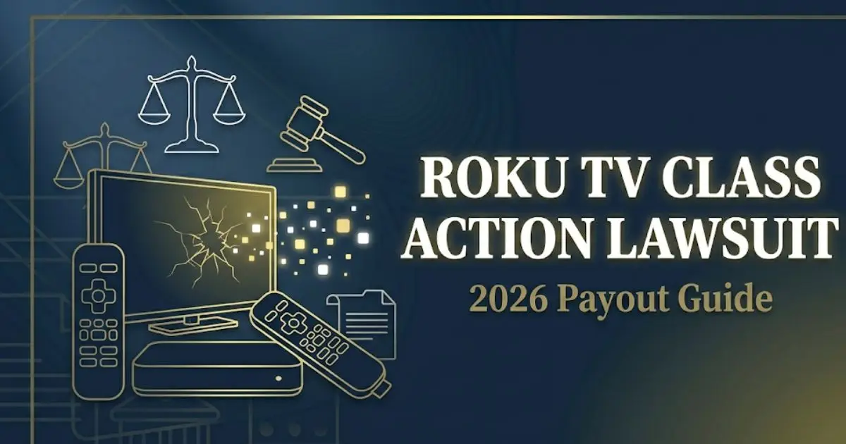 Roku TV class action lawsuit 2026 guide banner with legal symbols and streaming device silhouette