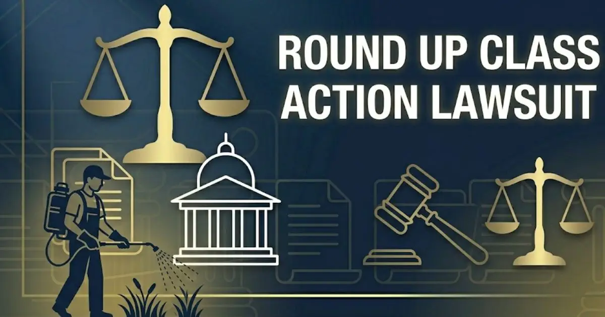 Round up class action lawsuit 2026 guide with legal scales and settlement information banner