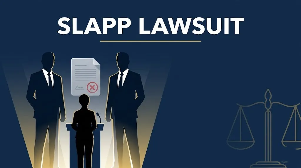 SLAPP lawsuit explainer banner showing power imbalance with silhouettes, legal documents, and bold headline text