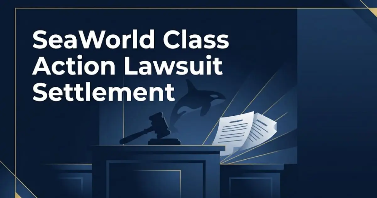 SeaWorld class action lawsuit settlement legal guide banner with gavel and orca imagery