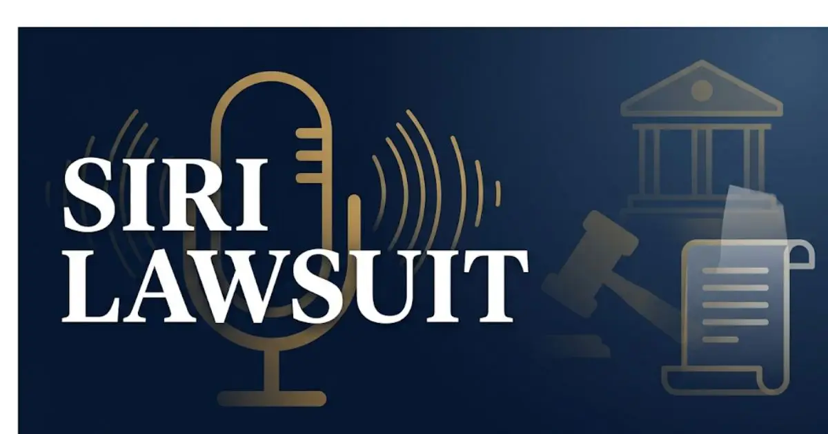 Siri lawsuit hero banner with bold title text, legal icons, and deep navy and gold design, 2026 update