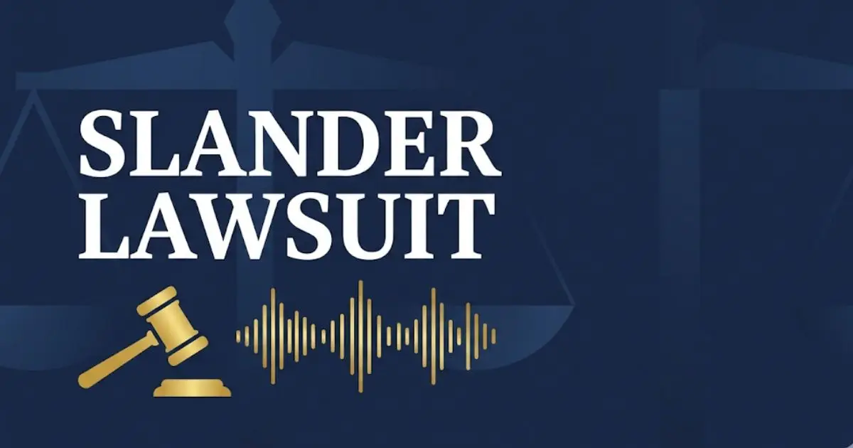 Slander lawsuit guide banner with gavel icon and legal design elements