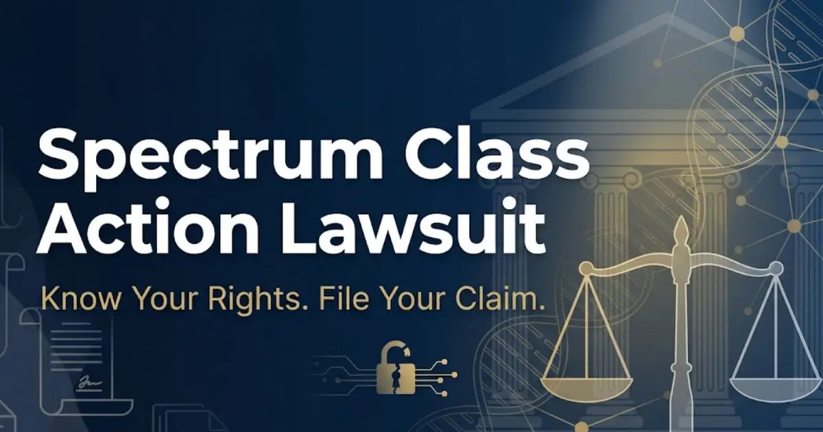 Spectrum class action lawsuit banner with courthouse silhouette and legal scales on navy background