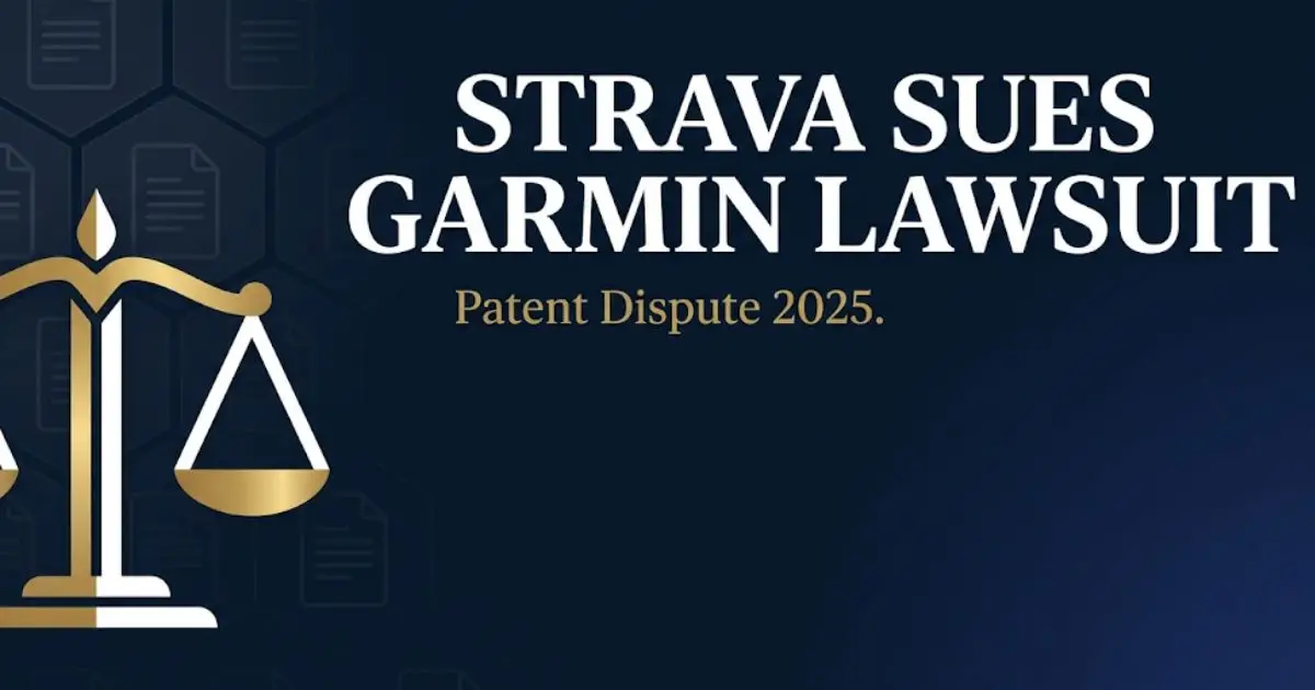 Strava sues Garmin lawsuit 2025 editorial banner with scales of justice and legal theme in navy and gold