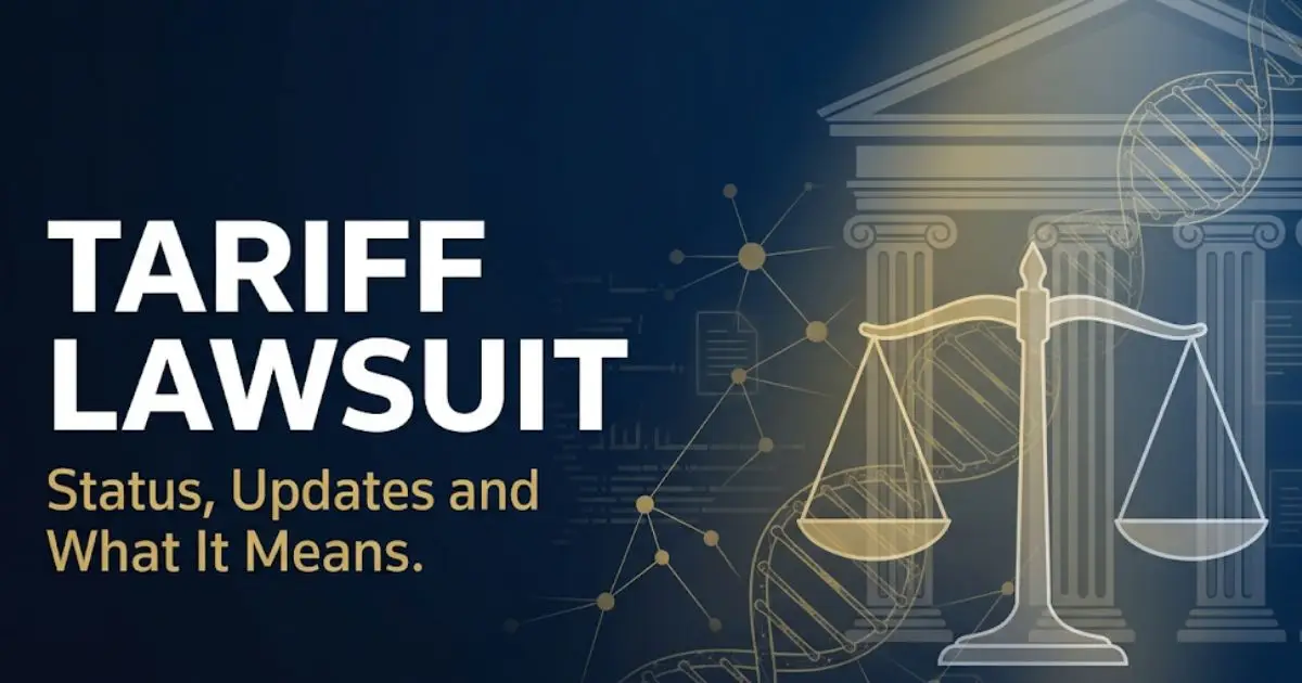 Tariff lawsuit status and updates 2025 hero banner with federal courthouse silhouette and bold legal headline
