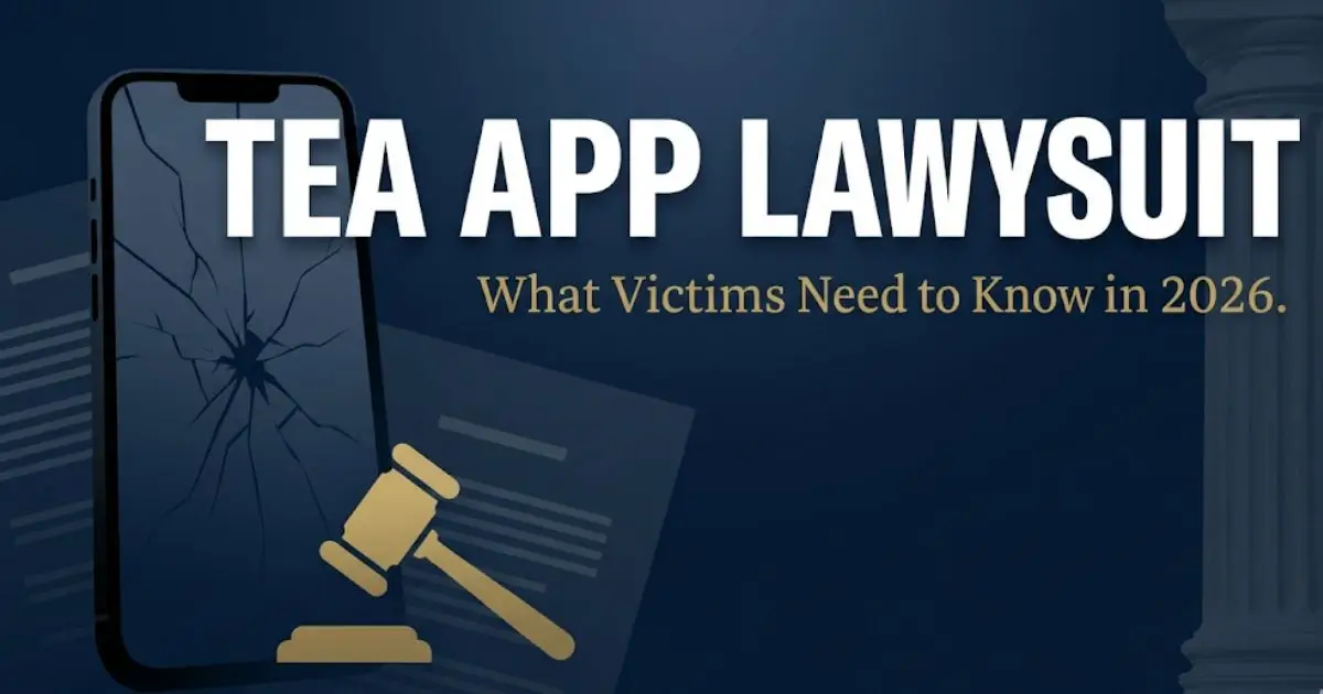 Tea app lawsuit 2026 legal blog banner showing cracked phone silhouette and gavel with bold headline text