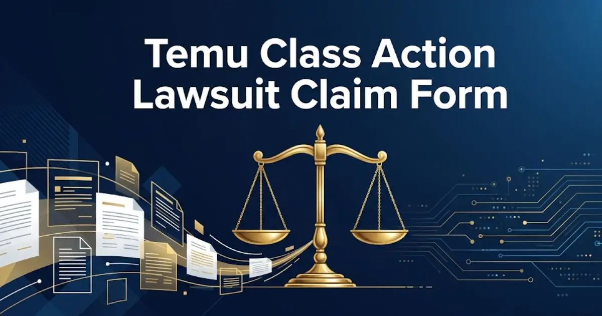 Temu class action lawsuit claim form hero banner with legal scales and navy blue background design