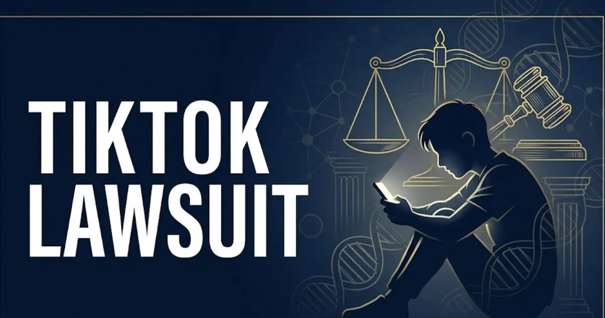 TikTok lawsuit 2026 banner showing legal scales and youth silhouette on navy background