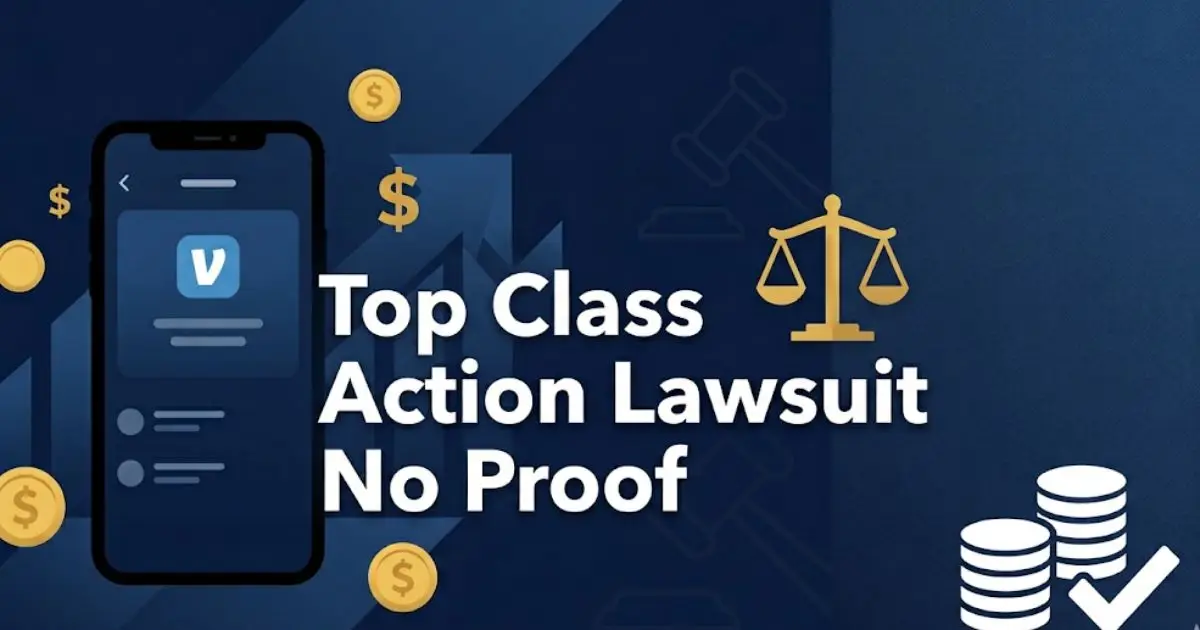 Top class action lawsuit no proof banner with legal scales and payment icons on navy background