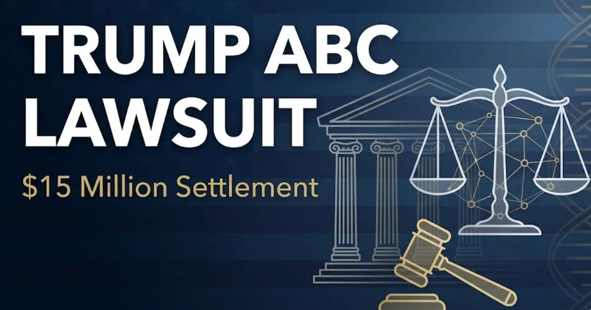 Trump ABC lawsuit $15 million settlement editorial banner with legal scales and bold headline text on navy background