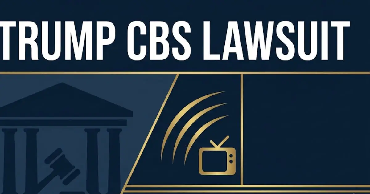 Trump CBS Lawsuit headline banner with courthouse silhouette and broadcast icons in navy and gold