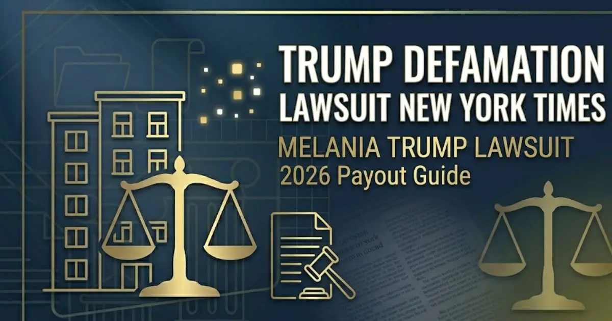 Trump defamation lawsuit New York Times 2026 legal case update banner with scales of justice and gavel