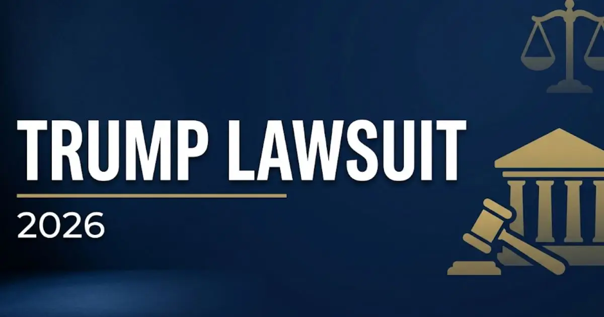 Trump lawsuit 2026 guide banner showing courthouse silhouette, gavel icon, and bold legal headline design in navy and gold