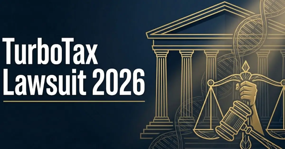 TurboTax Lawsuit 2026 banner showing courthouse silhouette and scales of justice on navy background