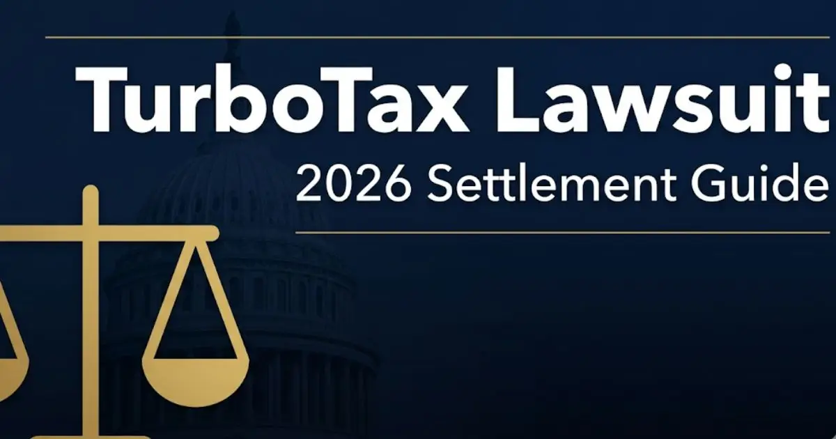 TurboTax Lawsuit 2026 settlement guide hero banner with gold scales of justice on navy background