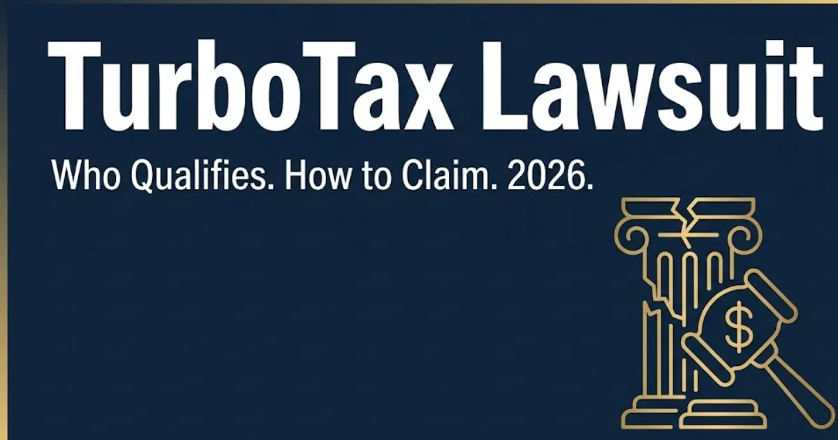 TurboTax lawsuit 2026 guide banner showing bold headline text and legal gavel graphic on navy background (1)