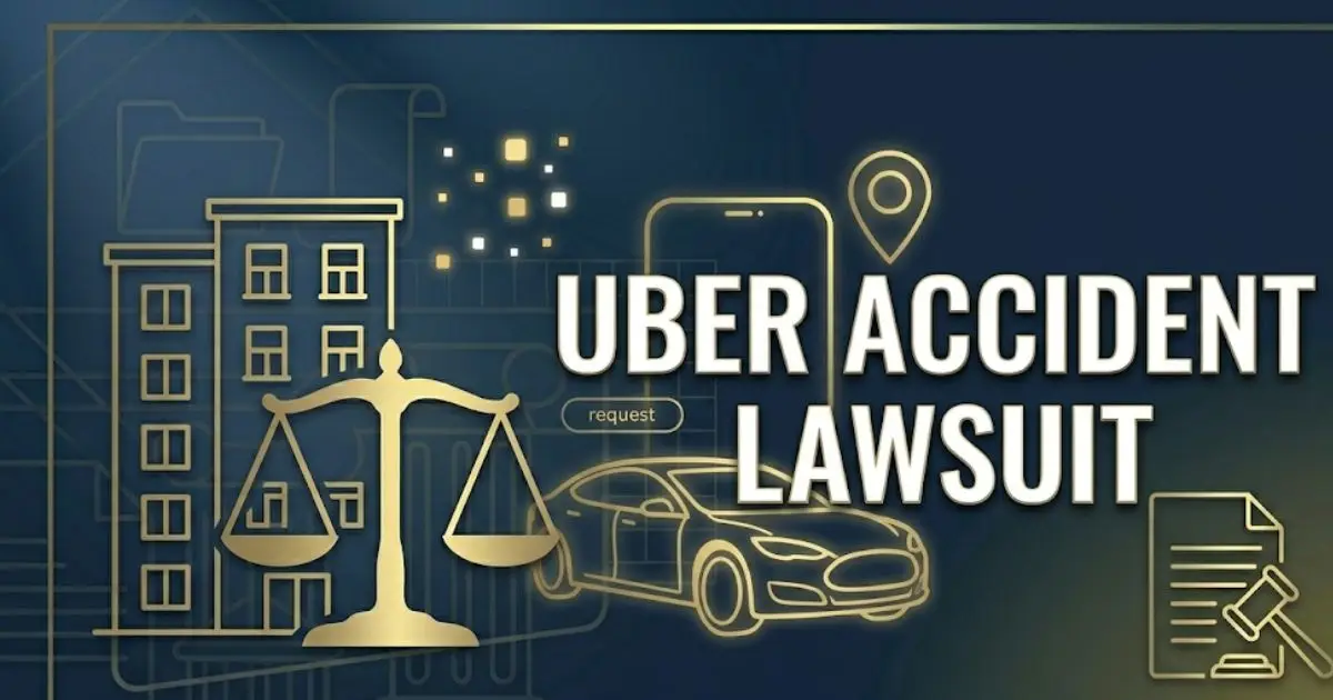 Uber accident lawsuit 2026 guide banner with rideshare vehicle silhouette and legal symbols