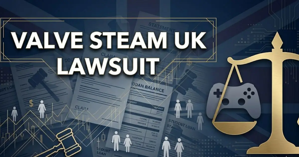 Valve Steam UK lawsuit banner with legal scales and gaming controller icons