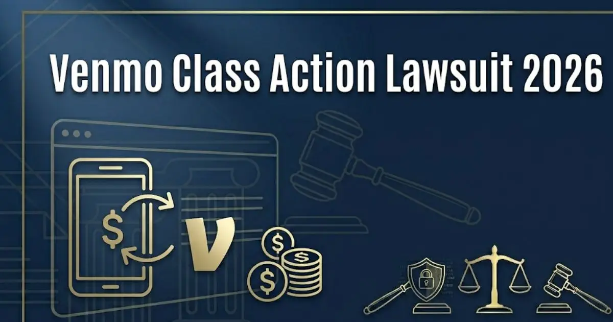 Venmo class action lawsuit 2026 banner with legal symbols and smartphone payment icons on navy background