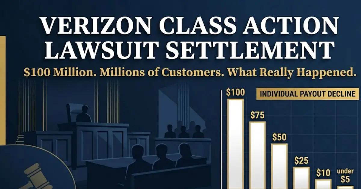 Verizon class action lawsuit settlement legal banner showing $100 million settlement details and payout breakdown, navy and gold