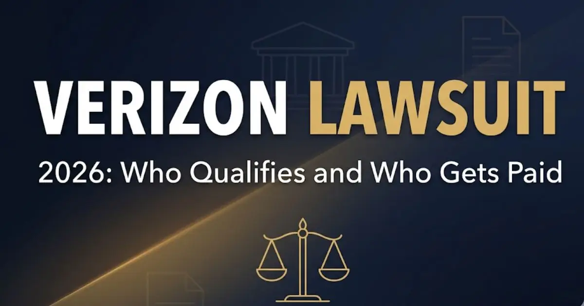 Verizon lawsuit 2026 hero banner with courthouse silhouette and scales of justice on navy background