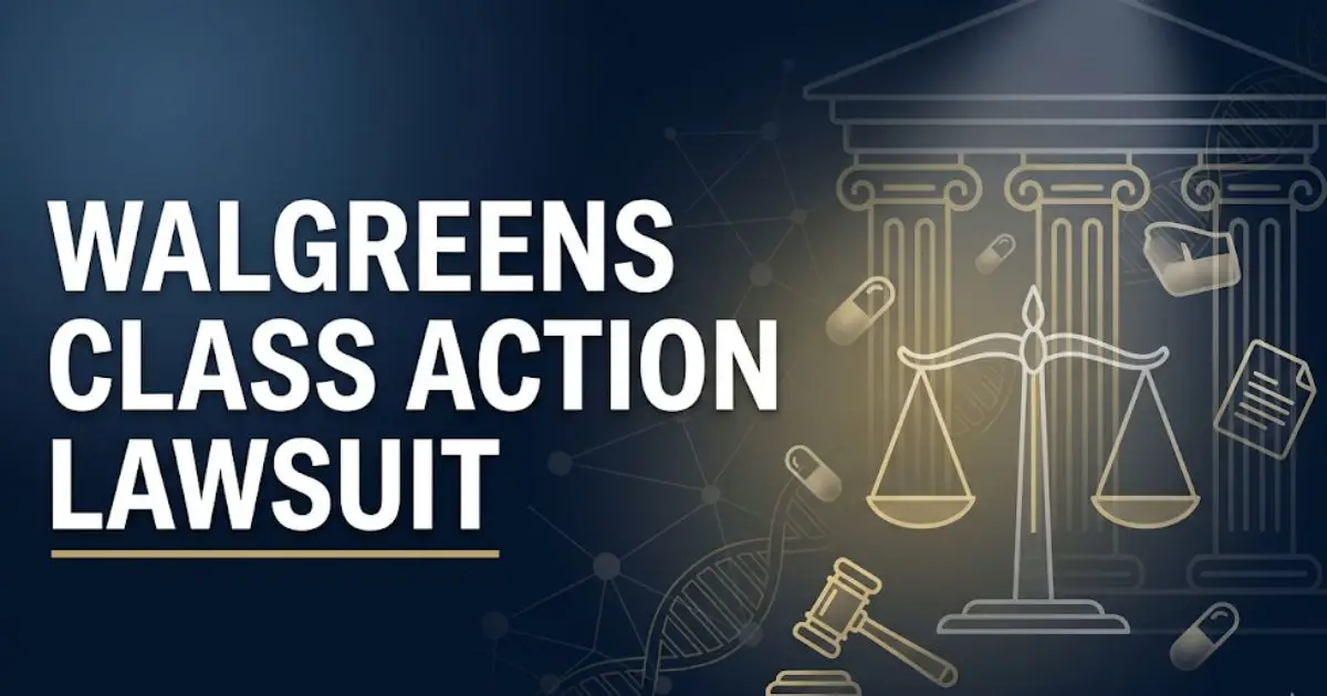 Walgreens class action lawsuit 2025 settlement guide banner with courthouse silhouette and legal icons on navy background