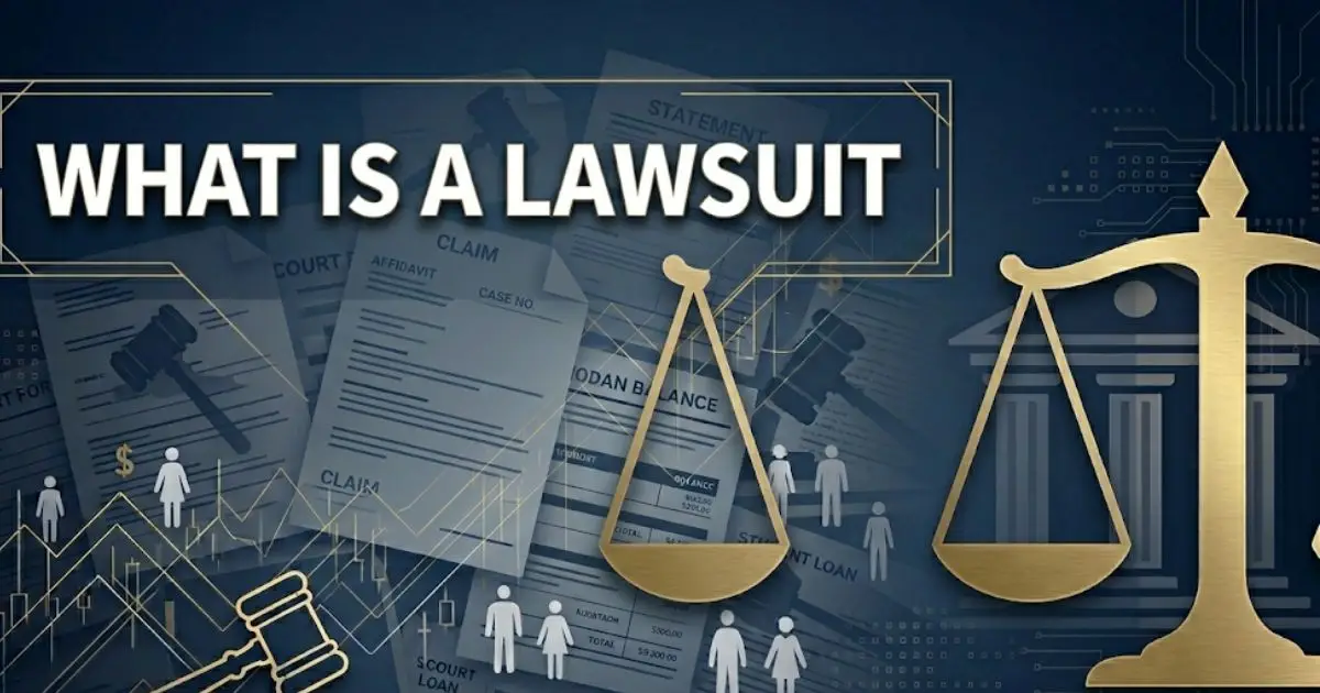 What is a lawsuit infographic banner with scales of justice and courthouse legal imagery