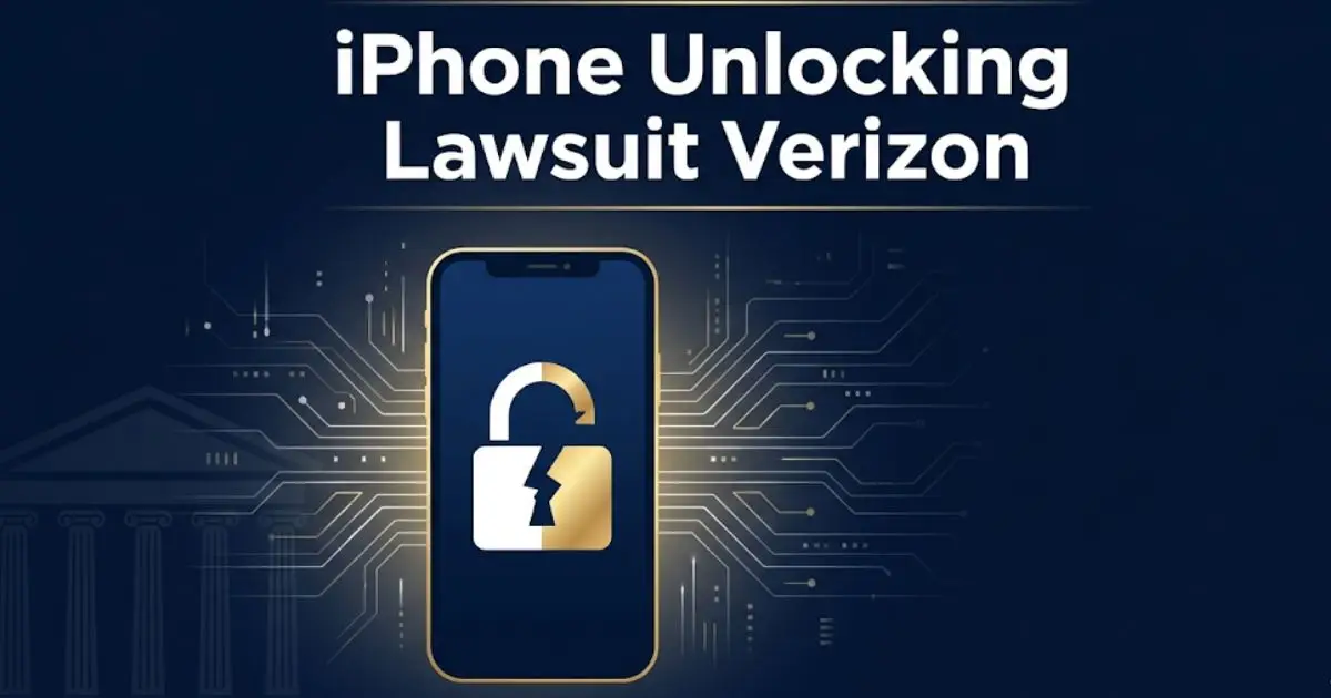 iPhone unlocking lawsuit Verizon legal banner with smartphone and broken lock icon on navy background